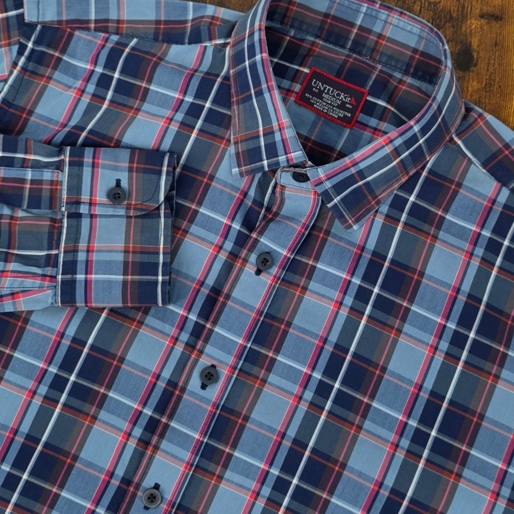 UNTUCKit Slim Fit Button Down Shirt‎ Mens Medium Blue Red Plaid Long Sleeve